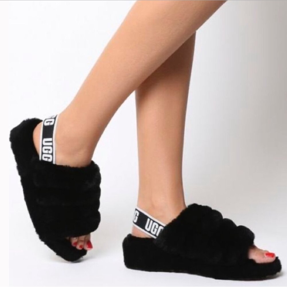 UGG Fluff Yeah Black Slippers Women's Slides Ankle Strap Logo size 11